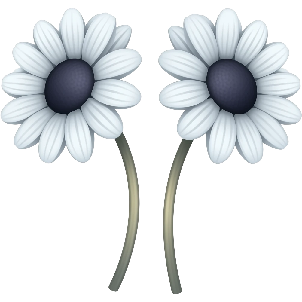 Two delicate daisy-like flowers with soft white petals and dark centers, standing on thin curved stems, dreamy black-and-white film photography, blurry focus, glowing light leaks, nostalgic and ethereal atmosphere emoji
