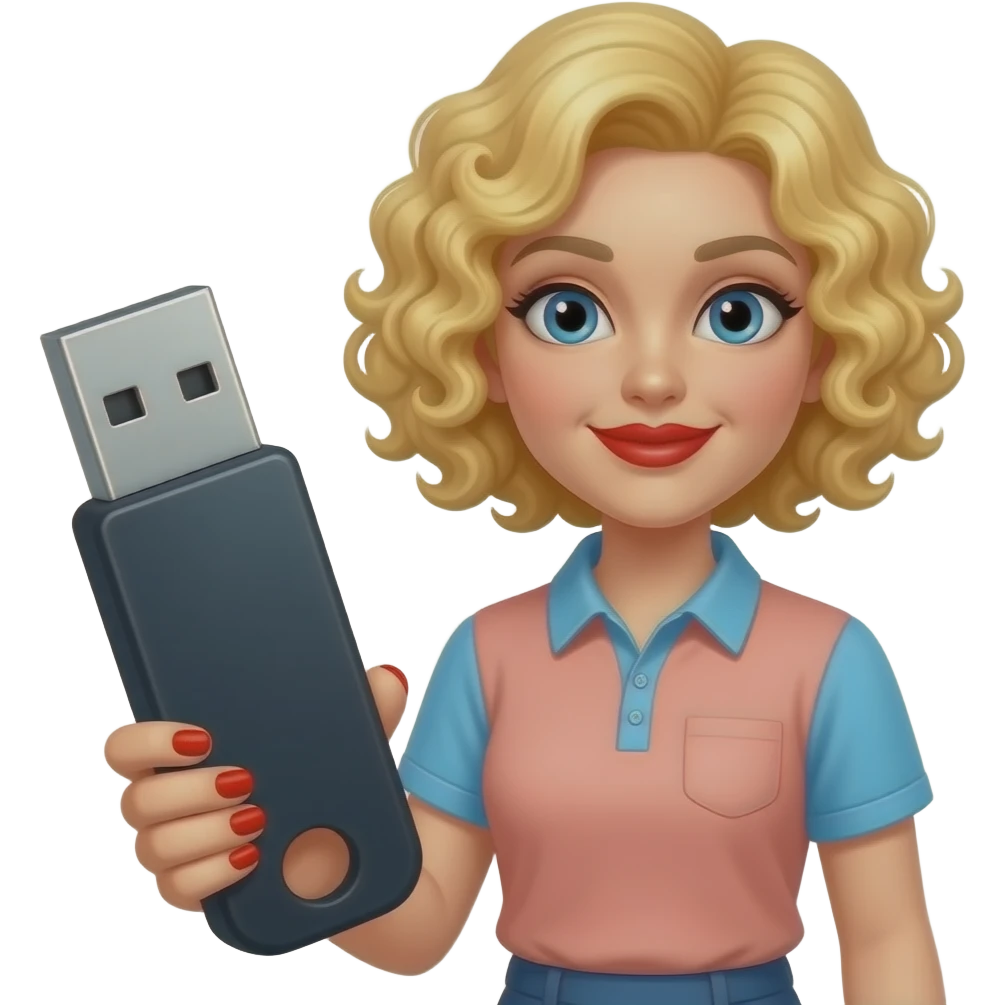 Short blonde curly spiral hair with red lipstick, holding a massive USB with red fingernails, peach and blue short sleeve shirt emoji