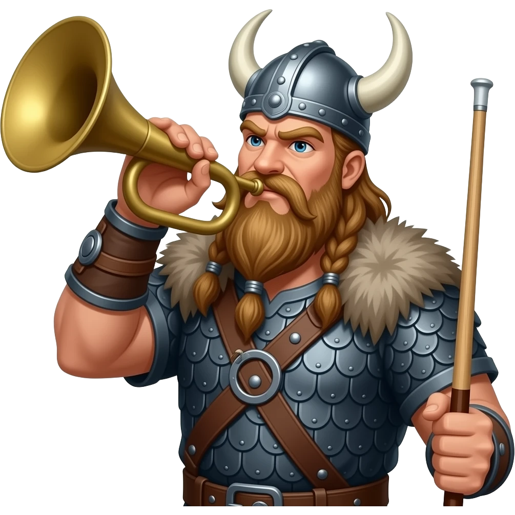 Tough looking  Viking blowing a large horn holding a biiard cue emoji