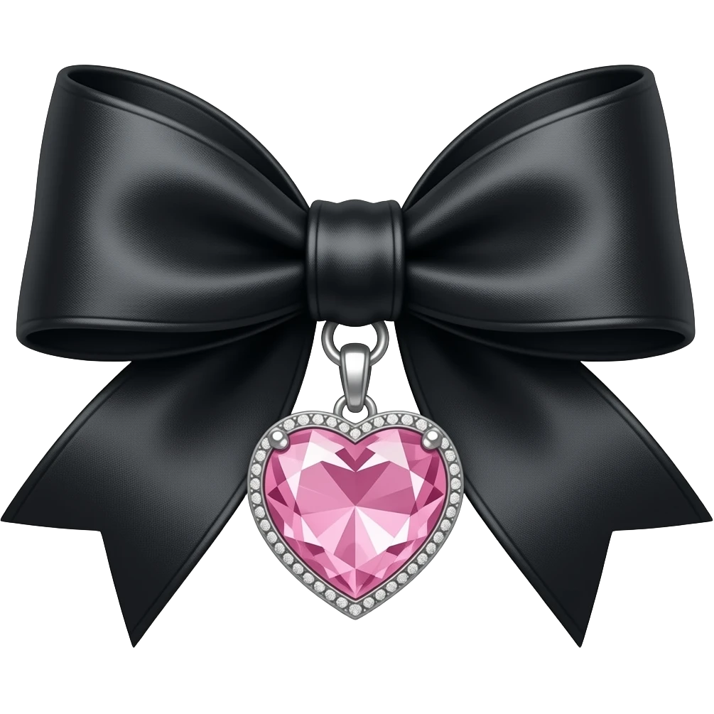 black satin ribbon bow with a heart shaped diamond pendant, aesthetic pastel pink, jewelry design. emoji