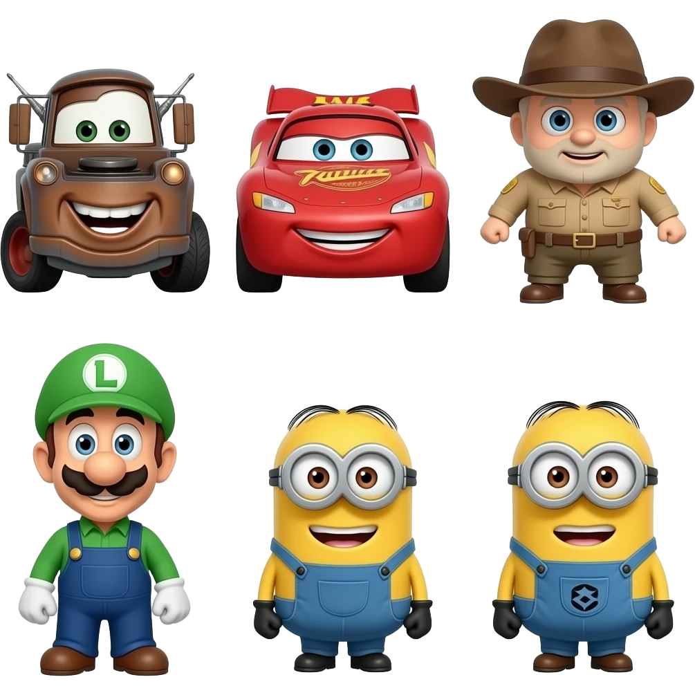 Lightning McQueen, tow mater, sally carrera, red, sheriff, sarge, Fillmore, Luigi, guido, and ramone Minions emoji
