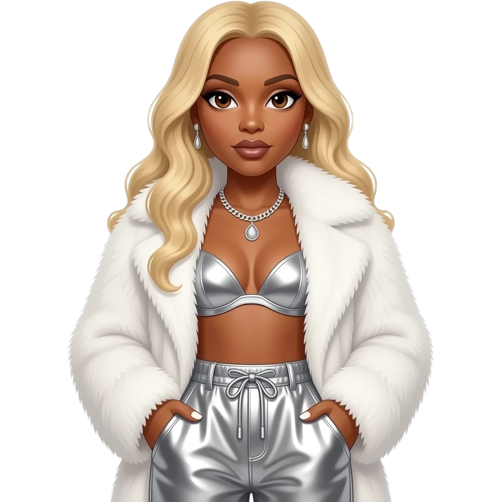 Mary J Blige with dark brown eyes, long blonde hair, white fur coat, silver metallic bra, silver metallic baggy pants, necklace and earrings emoji