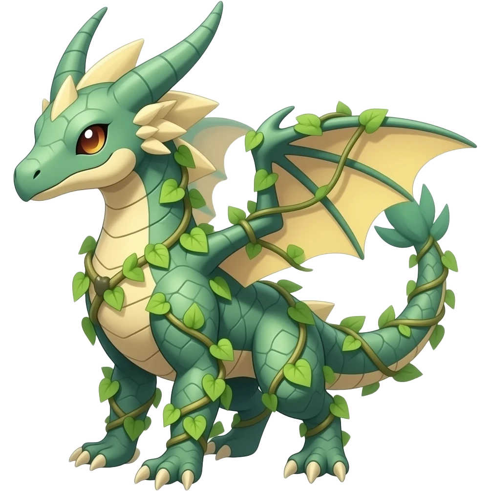 romantic ivy-vines-covered lush tropical Exotic greenish pastel Beige yellowish beautiful gorgeous attractive pretty Raptorik scaley feathery horned Amaura-Wargreymon-Aurorus-ExVeemon-WereGarurumon-Pokémon-Fakémon-hybrid-fusion-creature, full body emoji