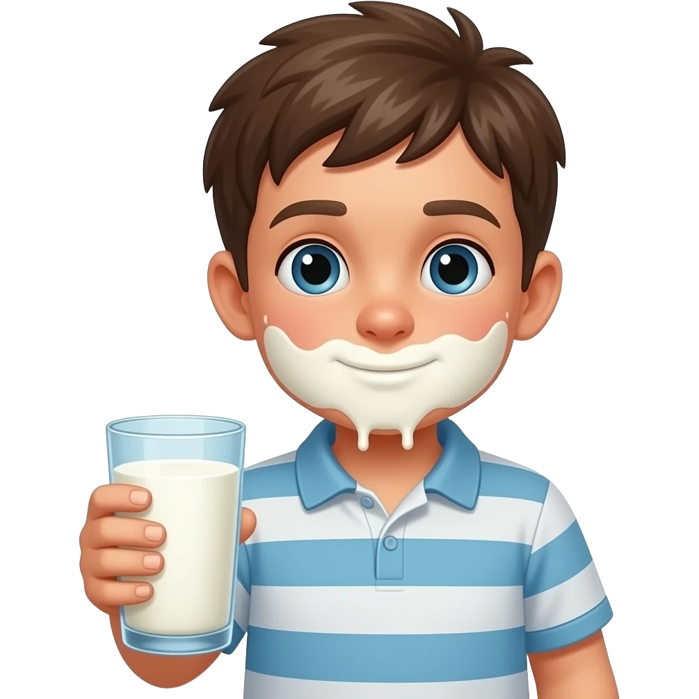 Garçon avec du lait partout sur la bouche et un dans la main emoji