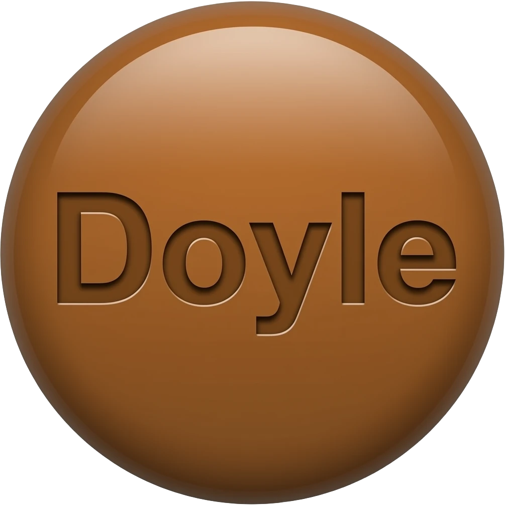 button that says "doyle" glossy button circle with shine. brown color emoji