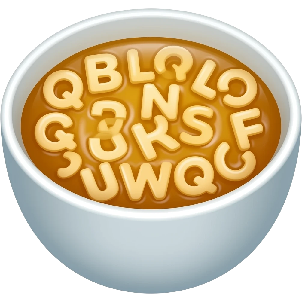 Alphabet soup: a soup bowl with pasta alphabet letters swimming around on the surface of the soup emoji
