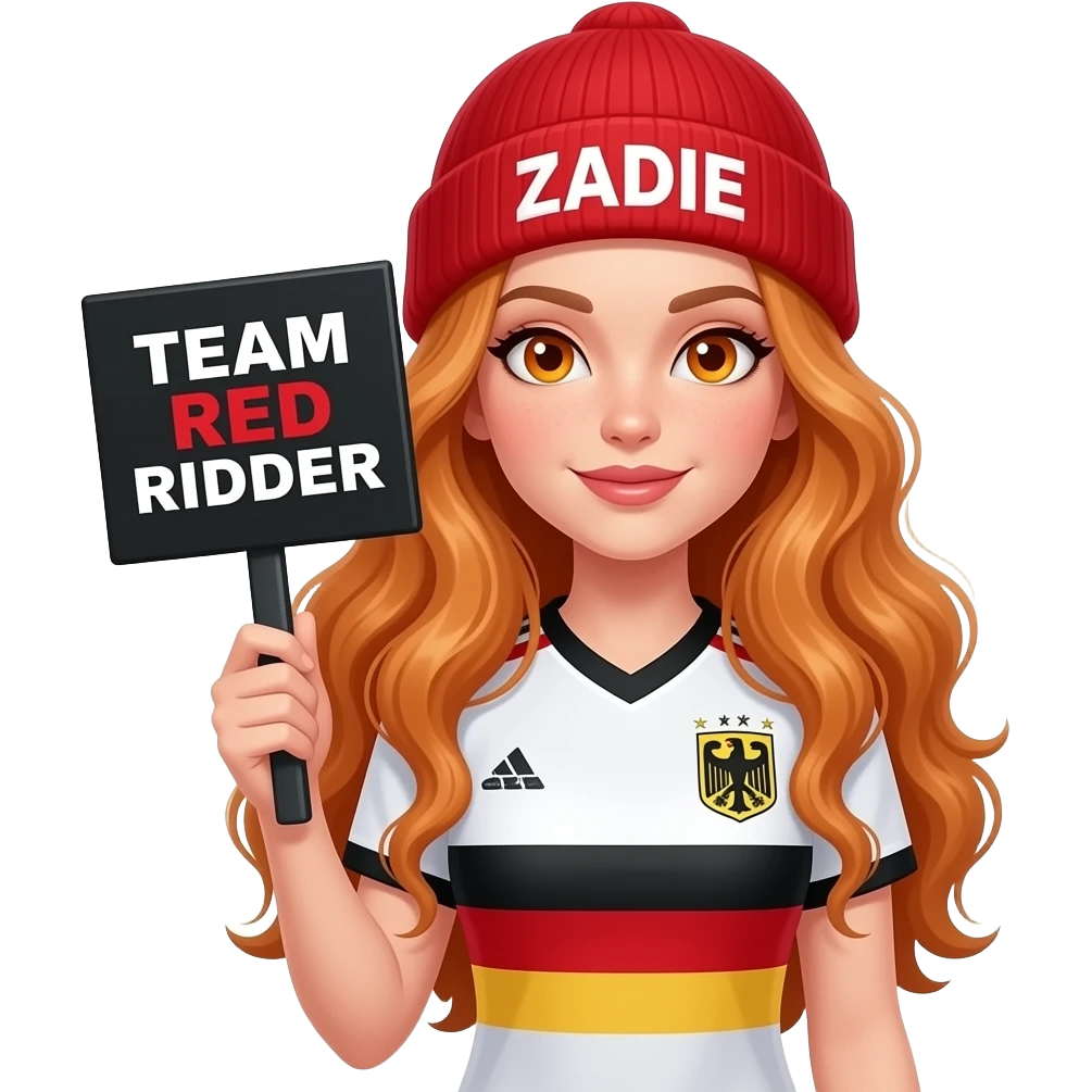sexy girl with overlong wavy ginger hair and ginger eyes wearing a german trikot and a red beanie with ZADIE written on it is holding a black sign with just TEAM RED RIDER on it emoji