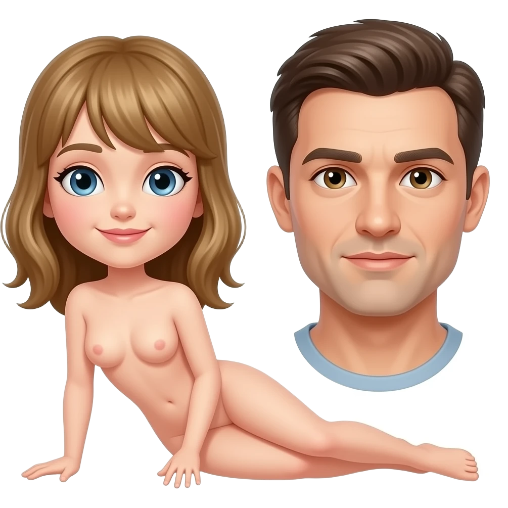 Bacaklarıni iki yana açmış çıplak kiz ve öne bakan erkek emoji