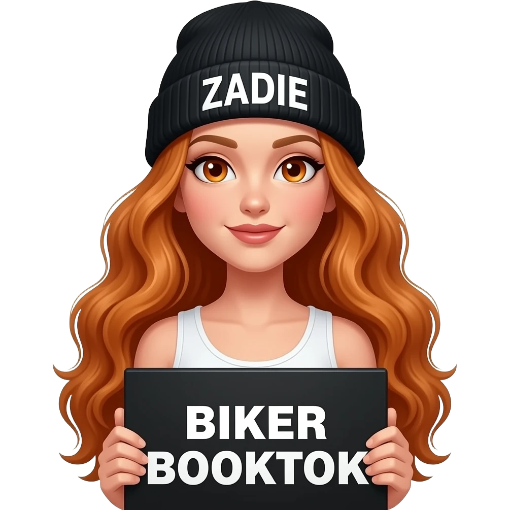 TEXT_sexy girl with overlong wavy ginger hair and ginger eyes wearing a white tanktop and a black beanie with ZADIE written on it, is holding a black sign with BIKER BOOKTOK written on it emoji