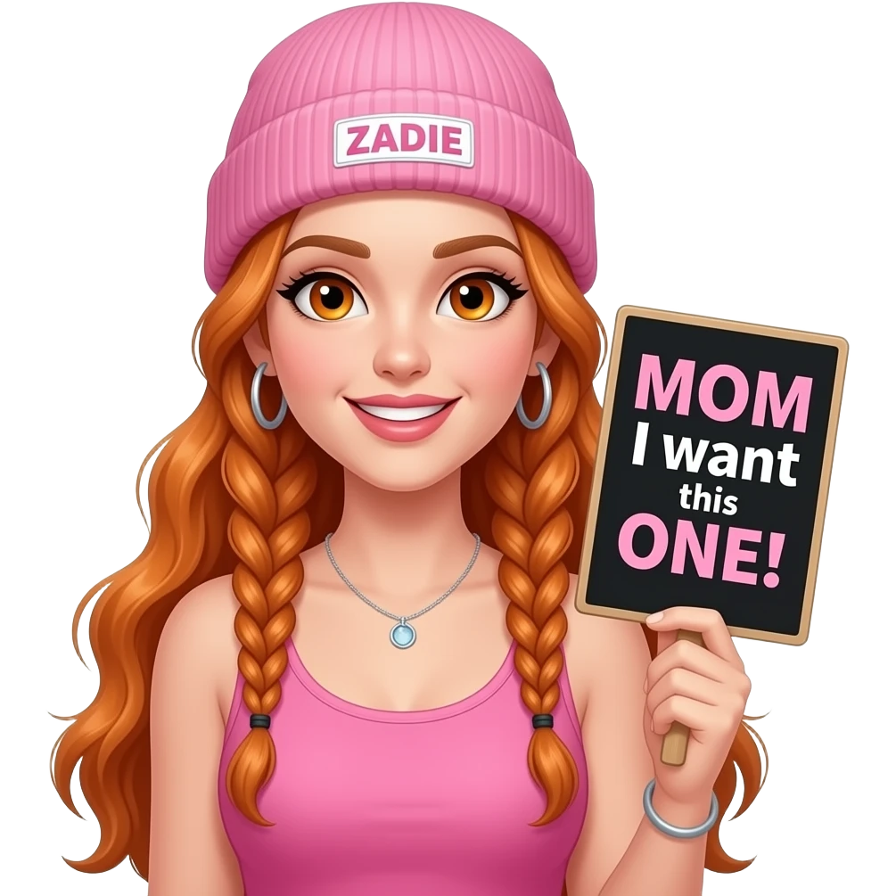 sexy girl with overlong ginger braids and ginger eyes wearing a pink tanktop and a pink beanie with ZADIE written on it, is holding a black sign with MOM I want this ONE! written on it emoji