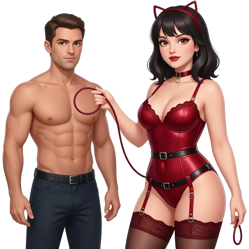 Dominatrix wearing a darkred bdsm style harness lingerie. White skin, chubby, halflong dark hair, hazel eyes. Whipping a naked man emoji