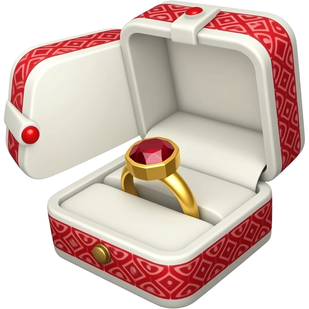Ruby ring in a White box with red ornate trim emoji
