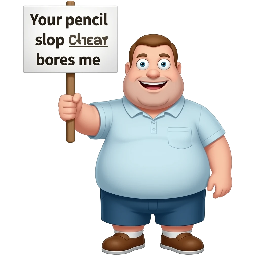 Peter griffin cartoon style fat holding up a sign saying, “Your pencil slop bores me” emoji
