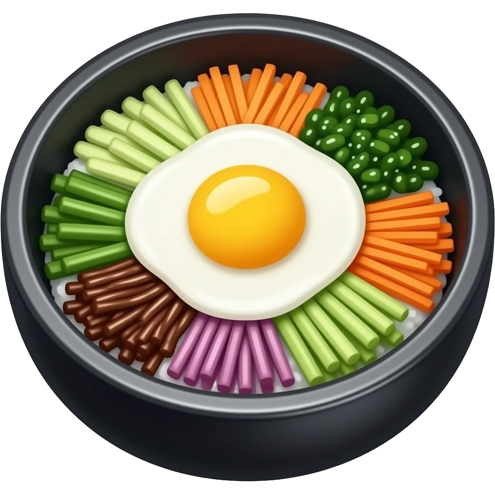 3D emoji style Korean bibimbap in a black stone bowl, 
white rice topped with colorful vegetables and a 
sunny-side-up egg in the center, Apple emoji aesthetic, 
soft highlights, transparent background, bold simple shapes emoji
