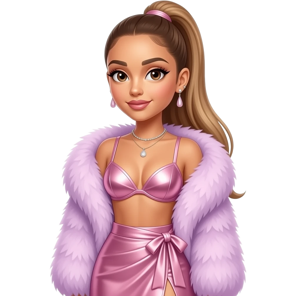 Ariana Grande with brown eyes, long light brown high ponytail hair, light lavender pink fur shawl, pink metallic bra, pink metallic long wrap skirt, necklace and earrings emoji