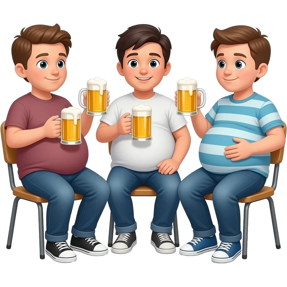10 chłopaków z piwnymi brzuchami 1 krześla ma 16 lat 2 krześle ma 15 lat 3 krześle ma 14 lat ich brzuchy mają kształt jak ogromne kula siedzę na krześlei rozmawiają i głaszczą swoje brzuchy i piją 🍻 emoji