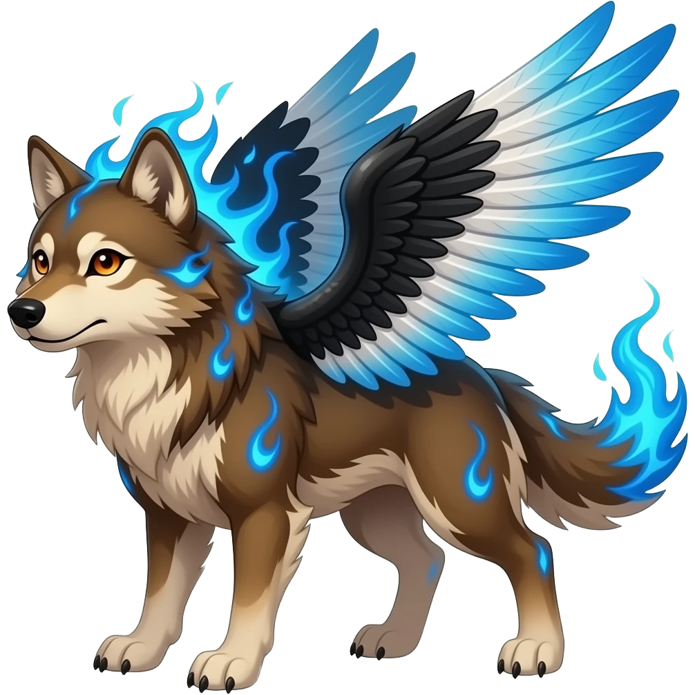 A large russet brown wolf with orange eyes with a blue swirl, black white and blue wings, blue flames in the fur and THREE tails emoji