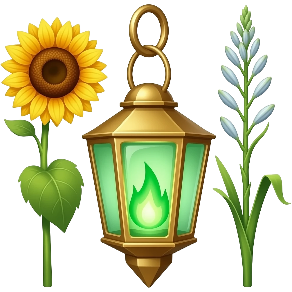A golden hanging lantern with a bright emerald flames, an empty loop on top, sunflower on the left and fully bloomed asphodel on the right themed, but simple focus more on the green flames, paint the glass more green, have its bottom point come to some sort of point emoji