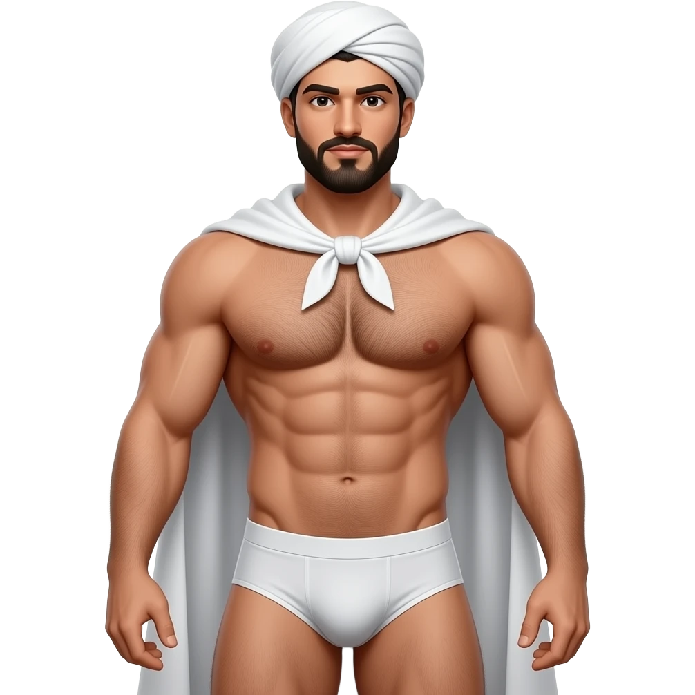 full body arabic-theme male superhero clothless figure with body hair and only white cape and turban and muscular hairy build in thin, narrow underwear with bulge emoji