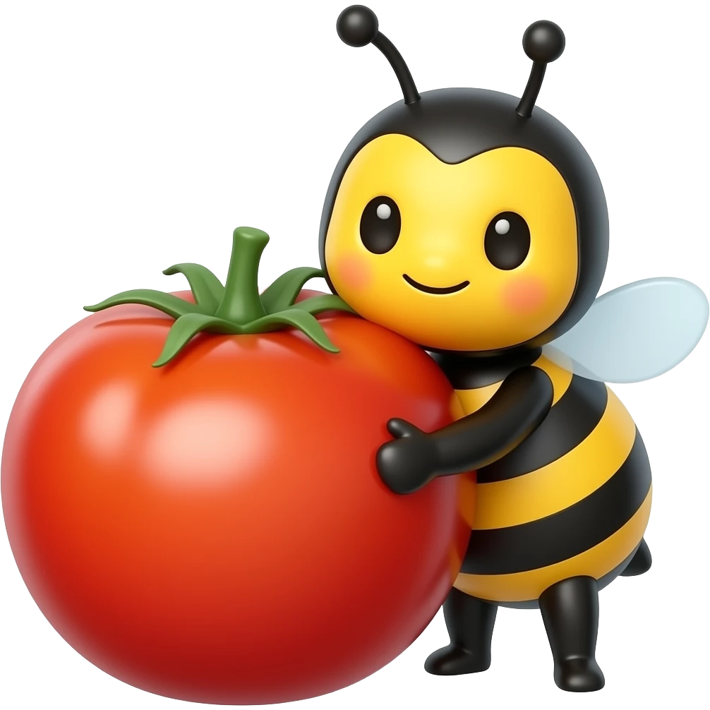 a yellow face cute bumblebee character hugging a big cherry tomato emoji