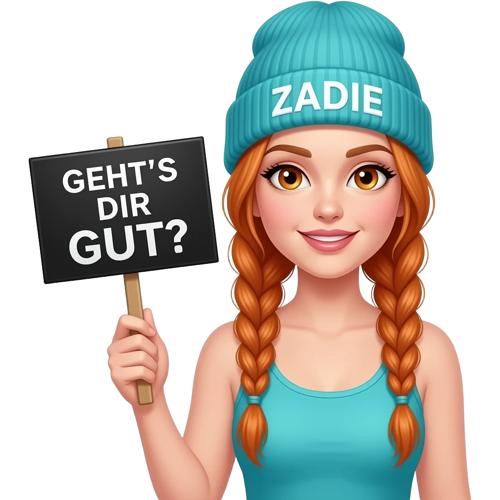 sexy girl with overlong ginger braids and ginger eyes wearing a turquoise tanktop and a turquoise beanie with ZADIE written on it, is holding a black sign with GEHT'S DIR GUT? written on it emoji