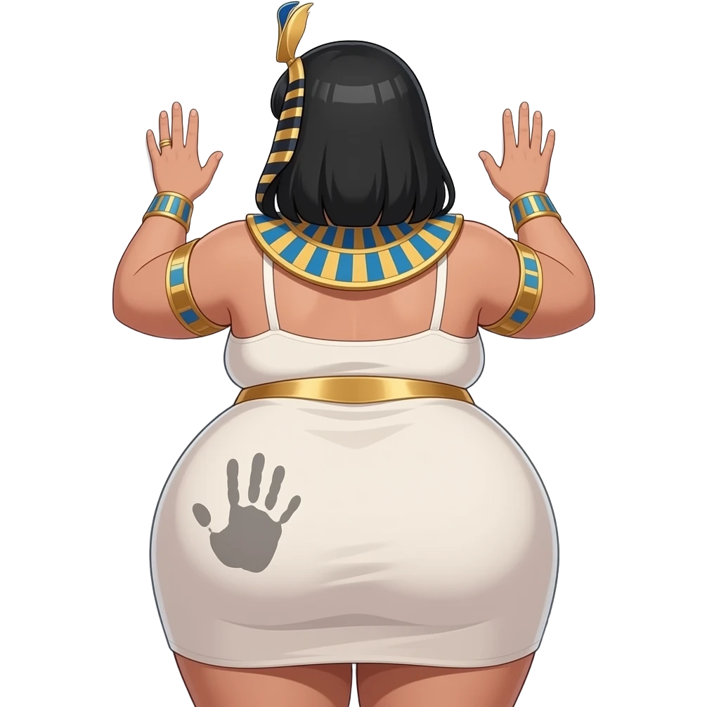 Anime extremely fat big booty mural Egyptian girl showing back her buttocks with putting her hands behind the wall with a grey hand print on her left buttock with her dress al emoji