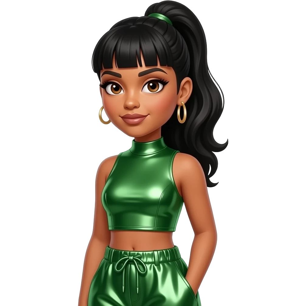 Lisa Left Eye Lopes from TLC with light brown skin, brown eyes, black high ponytail bang hair, green metallic high neck crop top, green metallic baggy pants, earrings emoji