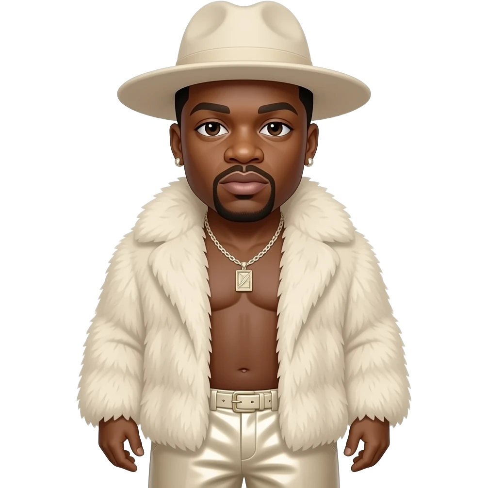 The Notorious B.I.G. with dark brown eyes, black buzz cut hair, ivory hat, ivory fur shawl, ivory metallic baggy pants, shirtless with necklace and earrings emoji