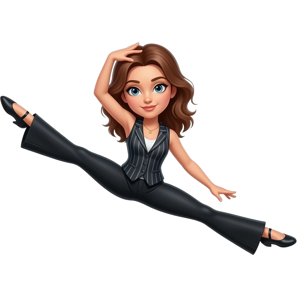 Wearing black flared leggings and a stripe waistcoat. Doing a big dance split leap with her legs in splits. With one leg/toe nearly touching her head please emoji