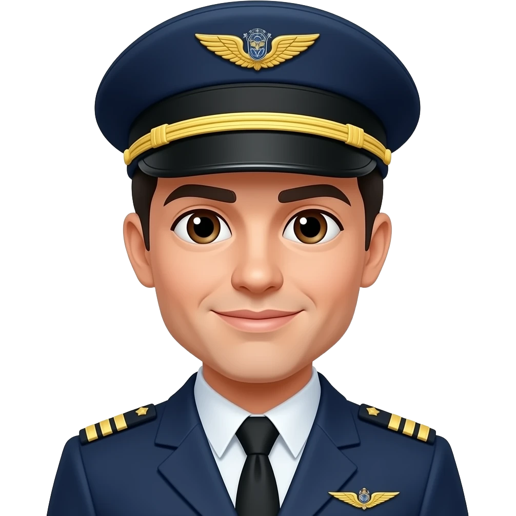 Pilot Black hair white skin brown geyes with hat and name wings badge “Scottie” emoji
