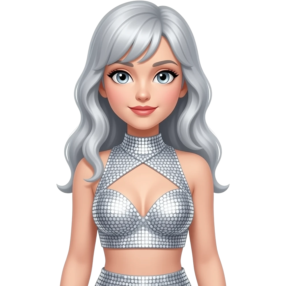 woman with silver hair and silver eyes in a sparkly, silver outfit full body emoji emoji