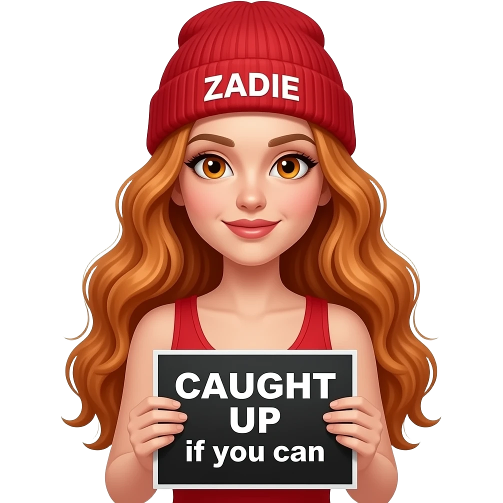 sexy girl with overlong wavy ginger hair and ginger eyes wearing a red tanktop and a red beanie with ZADIE written on it, is holding a black sign with CAUGHT UP if you can written on it emoji