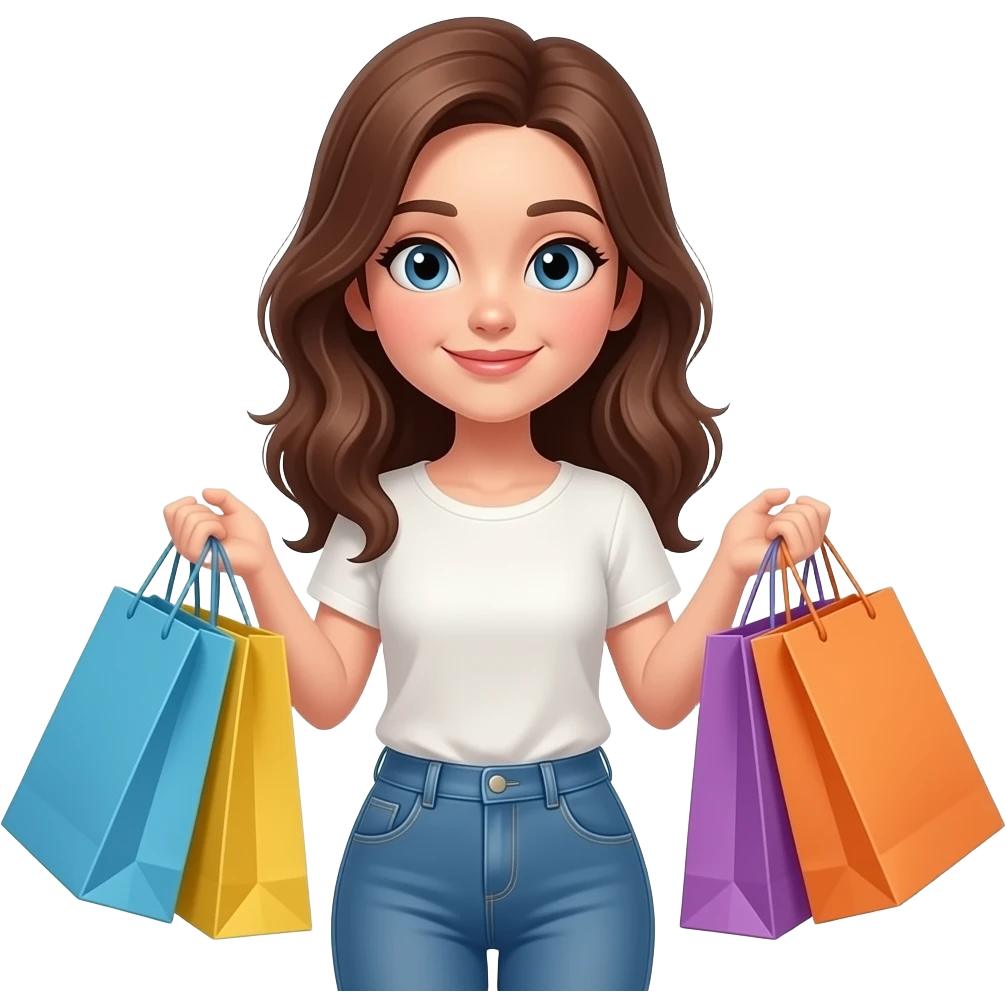 realistic girl with brown hair -shopping bags in her hands emoji