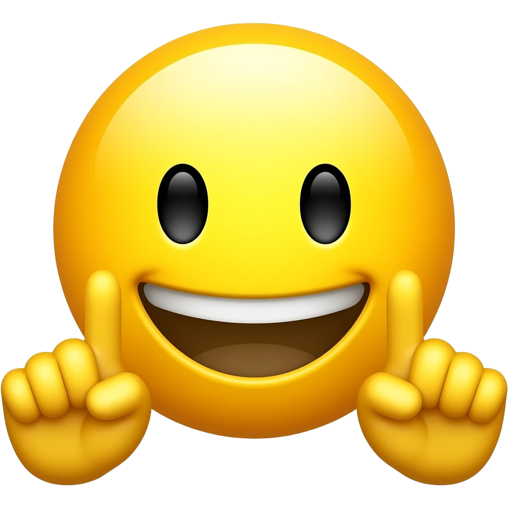 a yellow smiley with a smirk and two hands pointing upwards to portray satisfied success emoji