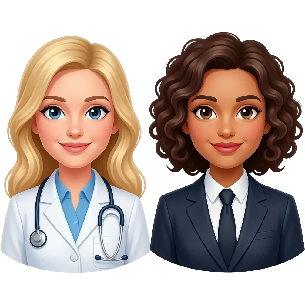 Doctor blonde woman and lawyer brunette curly white woman emoji