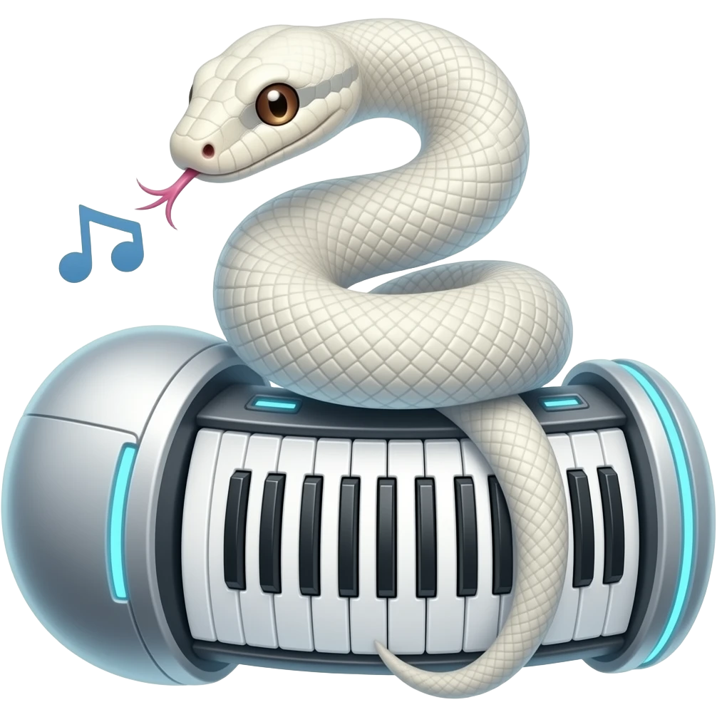 albino boa constrictor wrapped around futuristic tubular musical keyboards emoji
