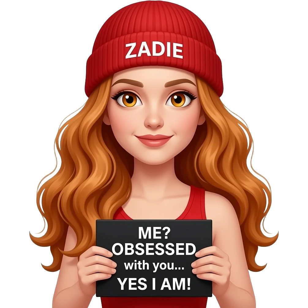 sexy girl with overlong wavy ginger hair and ginger eyes wearing a red tanktop and a red beanie with ZADIE written on it, is holding a black sign with ME? OBSESSED with you... YES I AM! written on it emoji