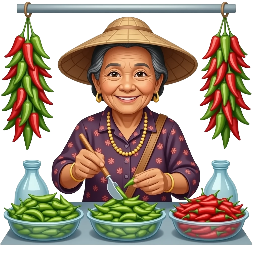 A Thai old woman is selling green and red Thai chili peppers at the market emoji