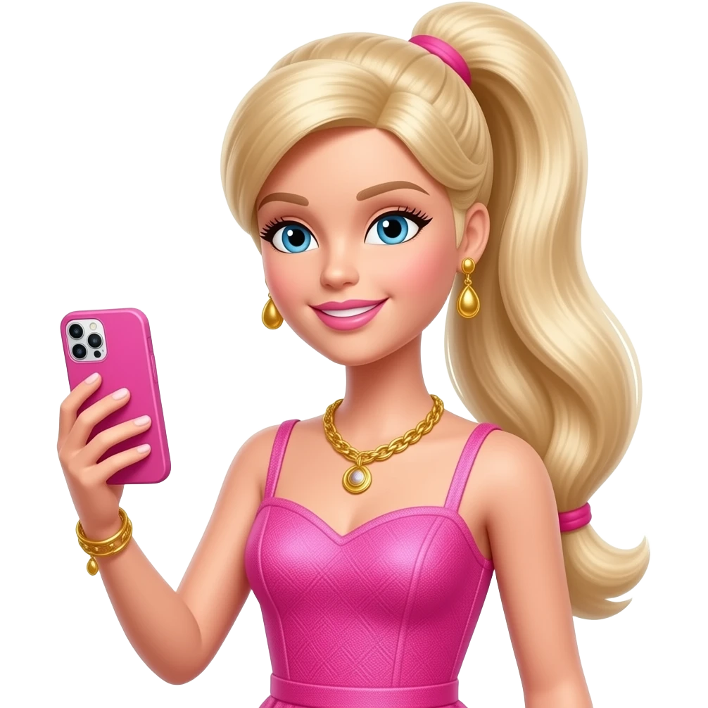 a blonde Barbie with one pigtails, wearing a pink dress, holding a pink smartphone, and wearing gold jewelry emoji