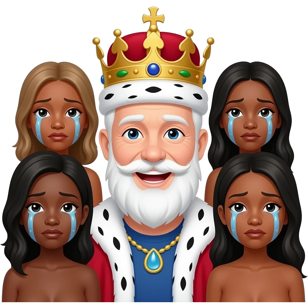 A white king in middle laughing and multiple naked black girls around him crying emoji