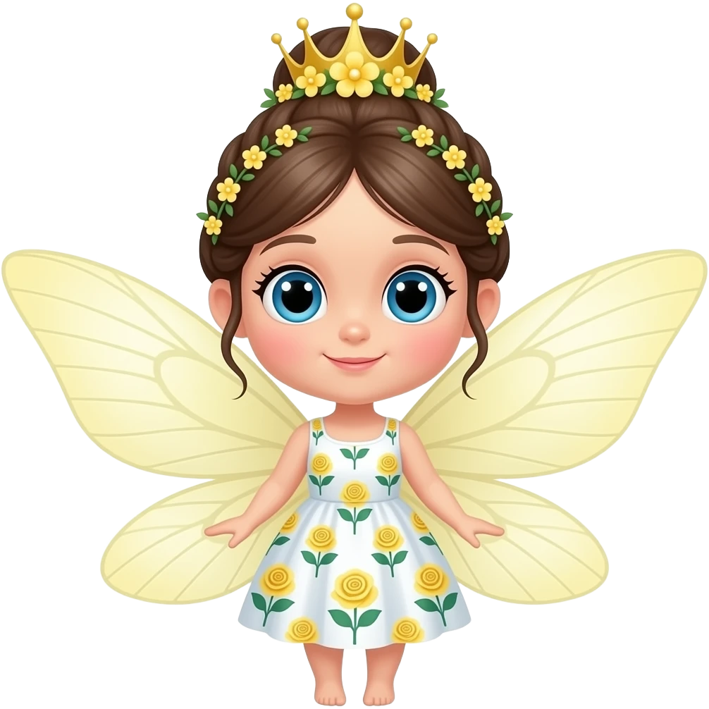 Cute cartoon fairy with large blue eyes, a unique whimsical braided updo adorned with tiny blossoms, wearing a crown of soft yellow flowers and a white dress with yellow and green floral rose patterns inspired by yellow flowers, her translucent light yellow wings spread emoji