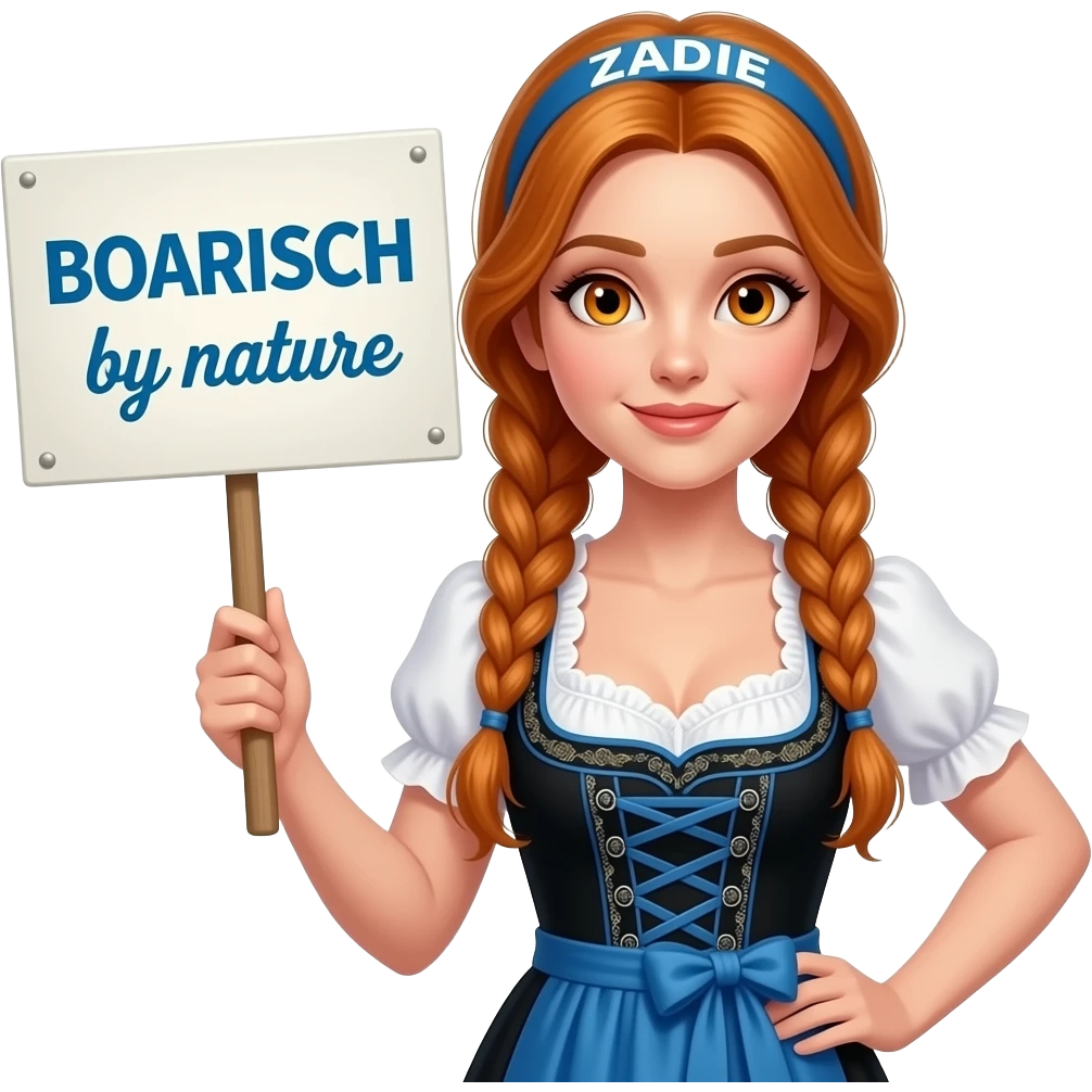 sexy girl with overlong ginger braids and ginger eyes wearing a black blue dirndl and a blue headband with ZADIE written on it, is holding a sign with BOARISCH by nature written on it emoji