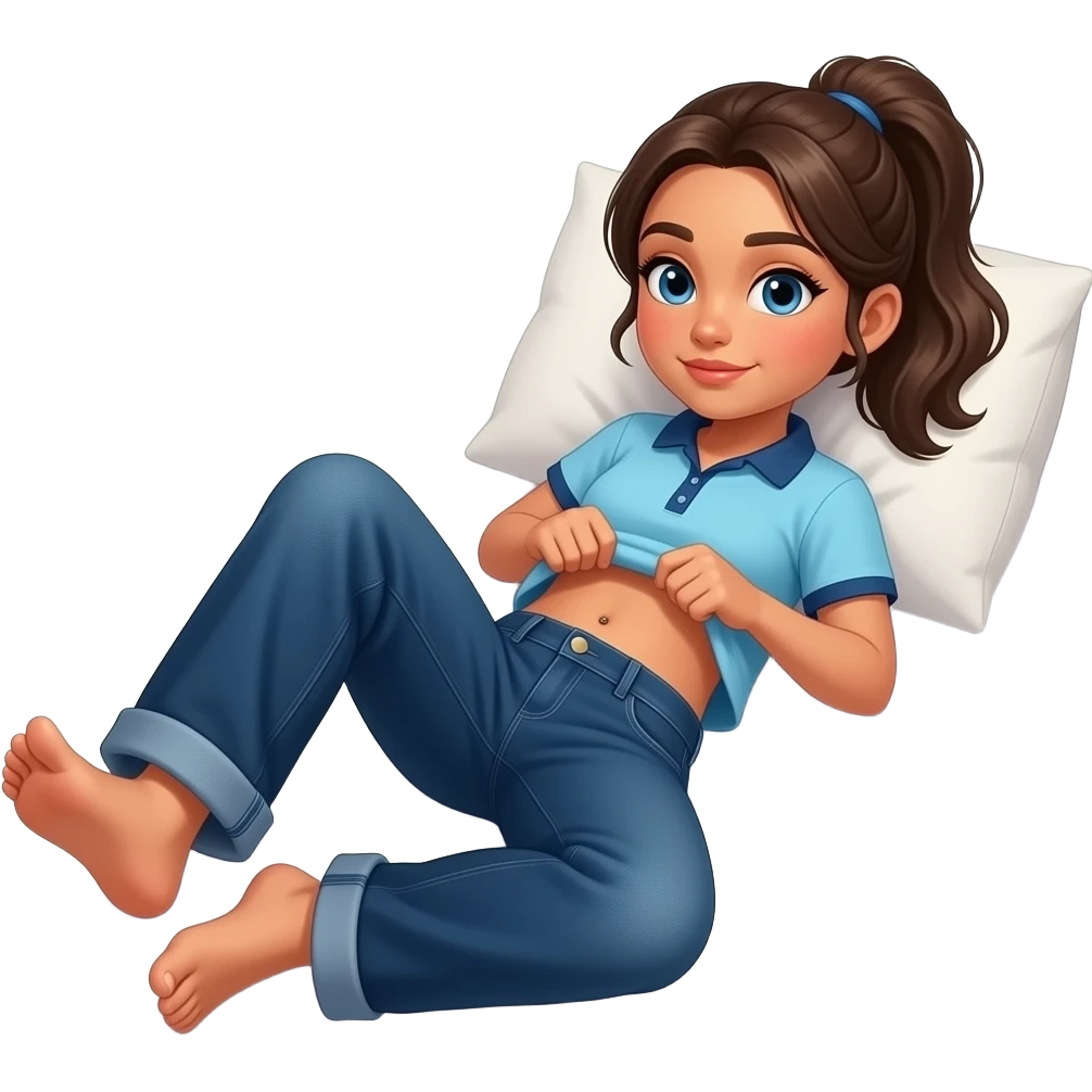Hispanic girl with brown ponytail and blue eyes light blue and dark blue polo and dark blue baggy jeans and belly button laying down on her pillow on her bed showing her feet lifting her shirt emoji