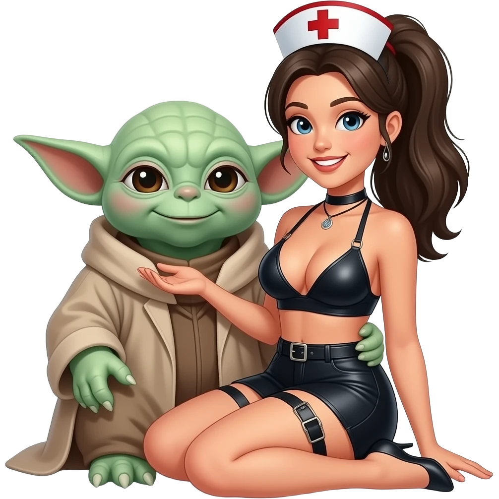 Pony tailed nurse with DD breasts, wearing string bikini, , in black leather 2 piece skimpy outfit, smiling with garter belt  and sitting on Yodas lap emoji