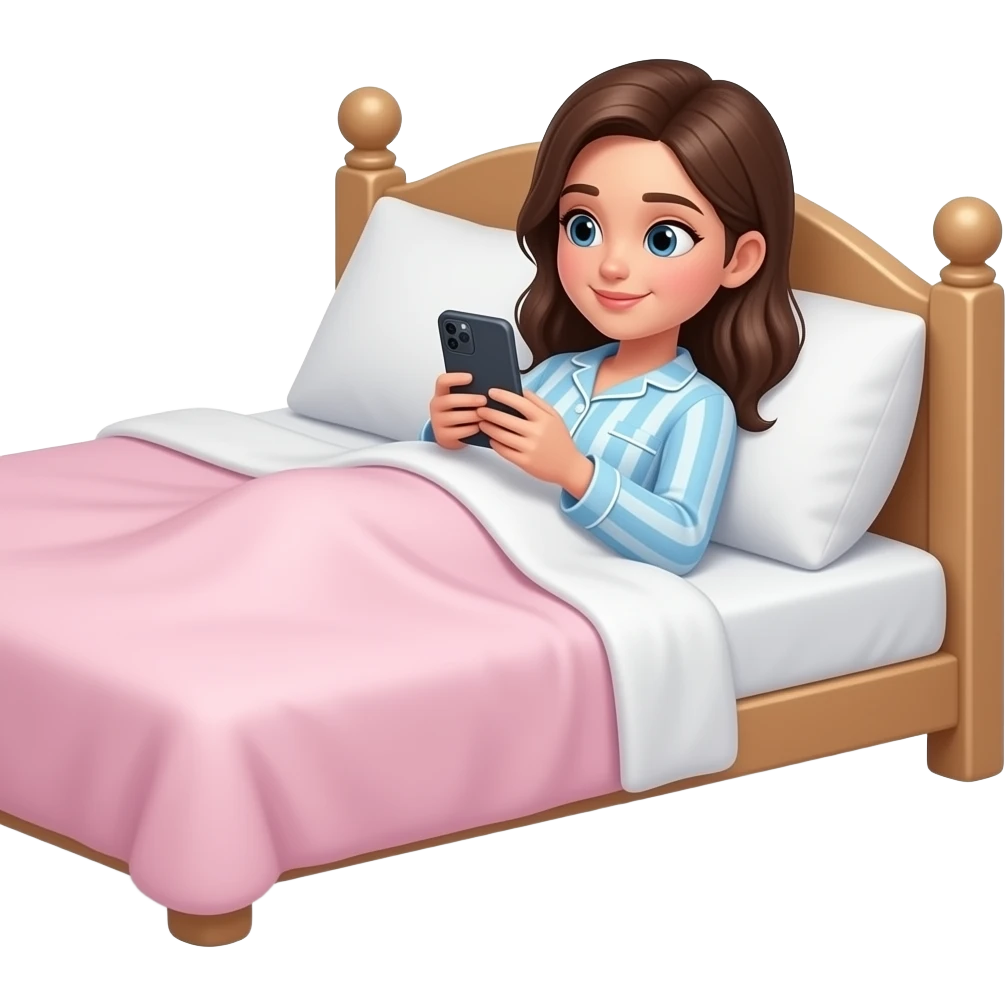 teenage girl in pjs in bed on phone emoji