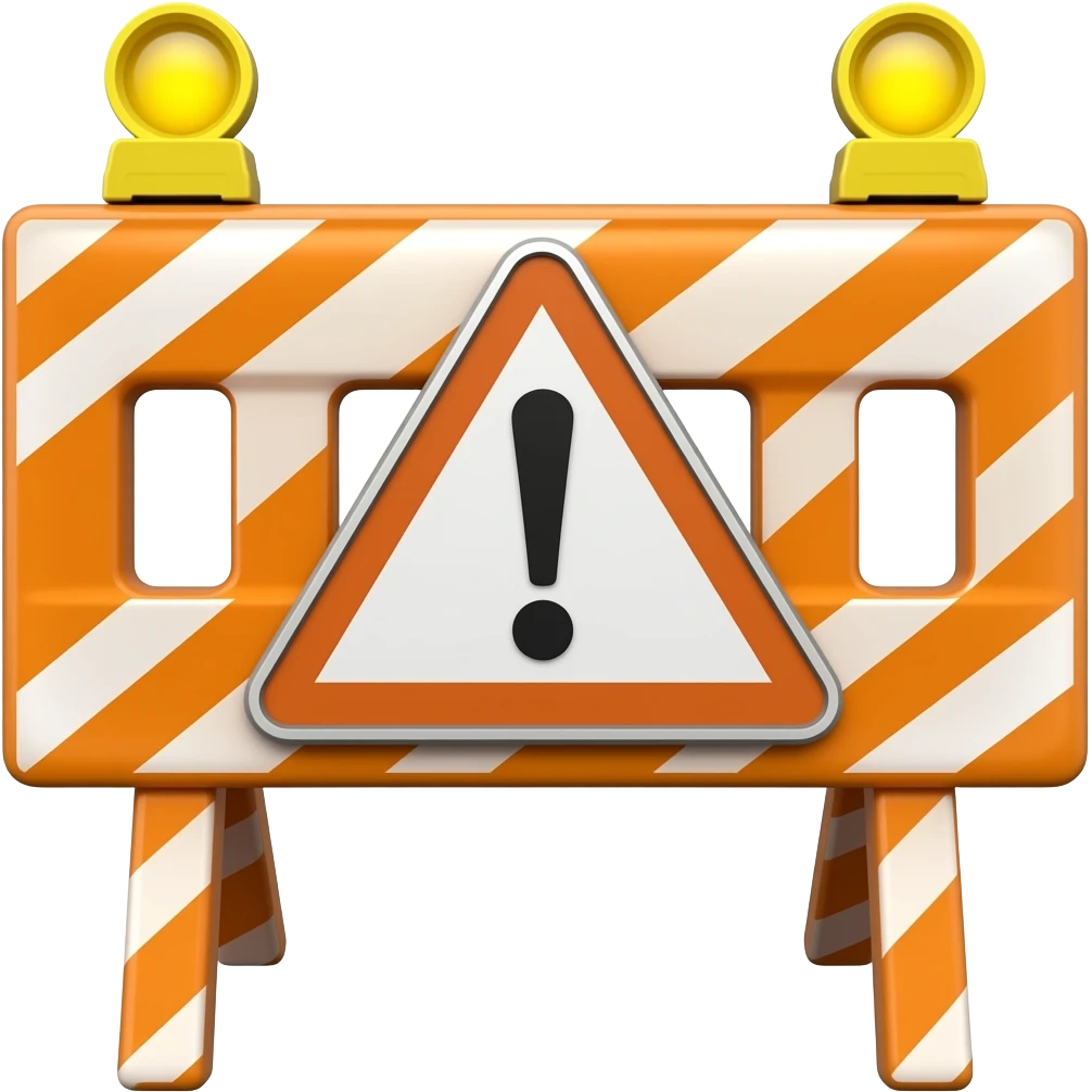 orange road barrier with a triangular plaque with the symbol "!" emoji