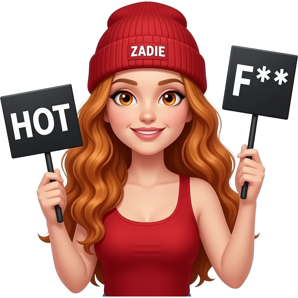 sexy girl with overlong wavy ginger hair and ginger eyes wearing a red tanktop and a red beanie with ZADIE written on it, is holding a black sign with HOT as F*** written on it emoji