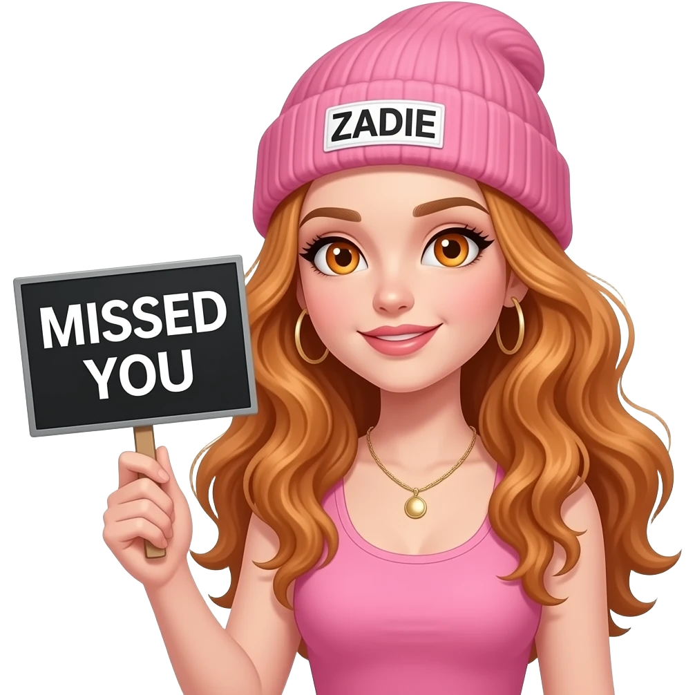 sexy girl with overlong wavy ginger hair and ginger eyes wearing a pink tanktop and a pink beanie with ZADIE written on it, is holding a black sign with MISSED YOU written on it emoji
