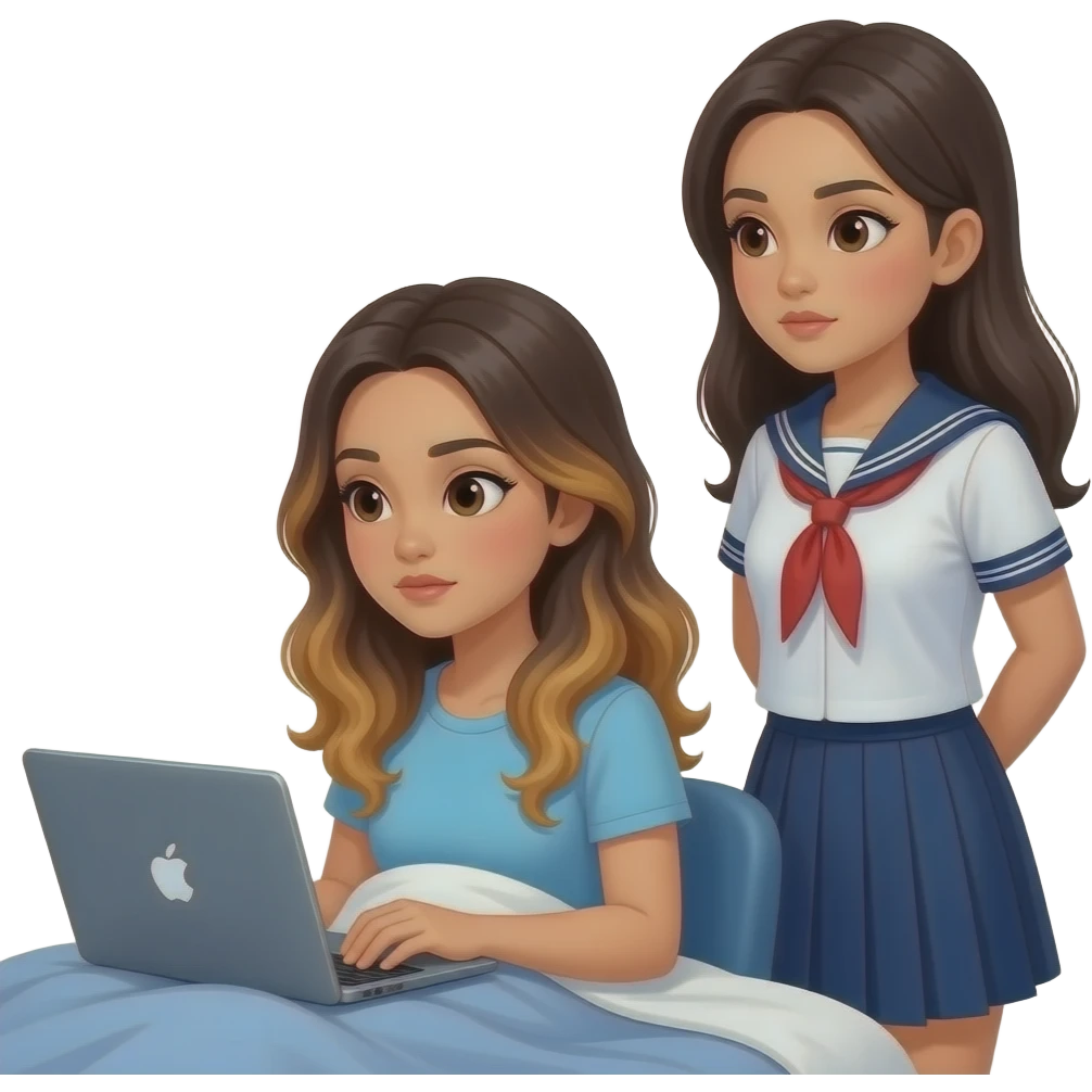 beautiful-Filipino-woman-beautiful-eyes-with-long-wavy-hair-balayage-sitting at a laptop-before going to bed-side view-serious-woman standing next to her like a student emoji