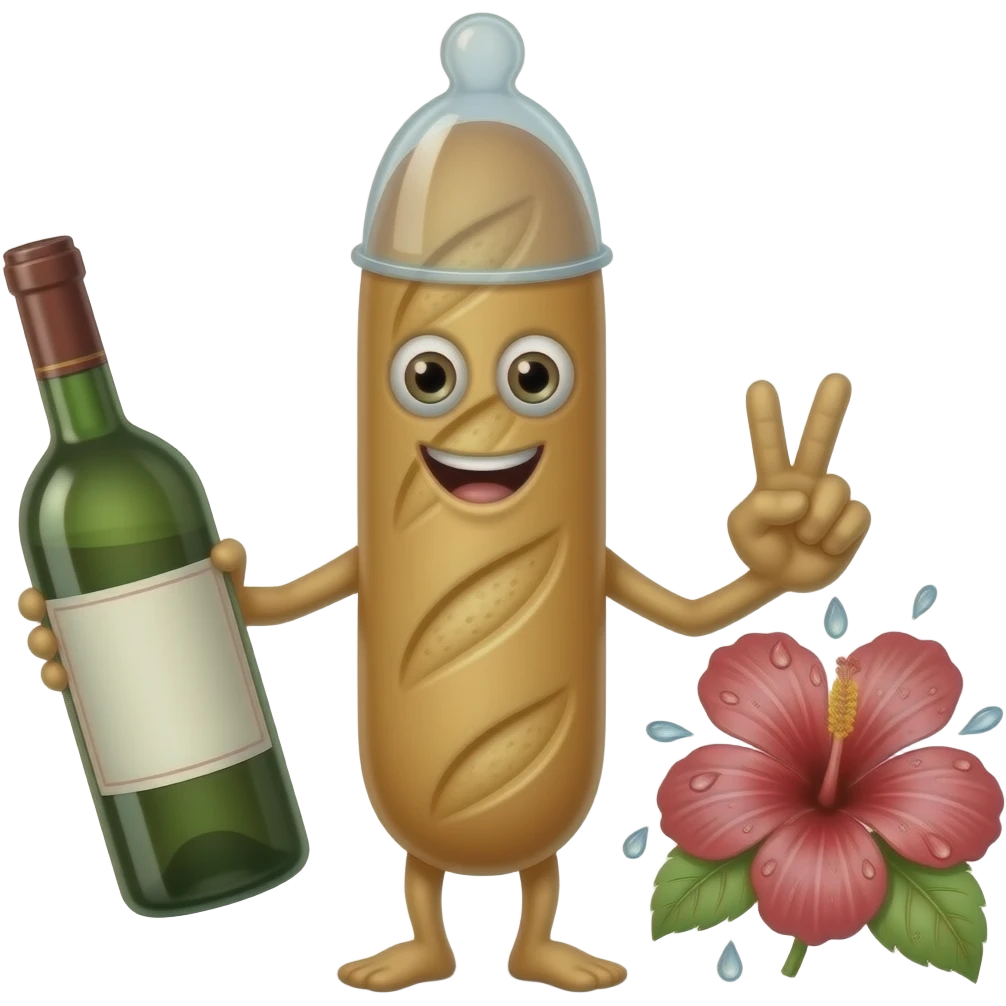 Longue Baguette avec une bouche, des yeux et des bras. Elle a un preservatif sur le haut de la tete et une bouteille de vin dans la main. L'autre main a deux doigts tendus et collés touchant le centre d'un hibiscus qui a des gouttes d'eau autour emoji